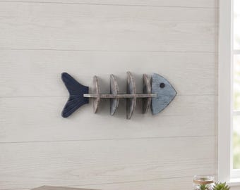 Estantería de pared de madera con forma de pez / Decoración náutica costera / Almacenamiento para casa de playa / Hogar con temática oceánica