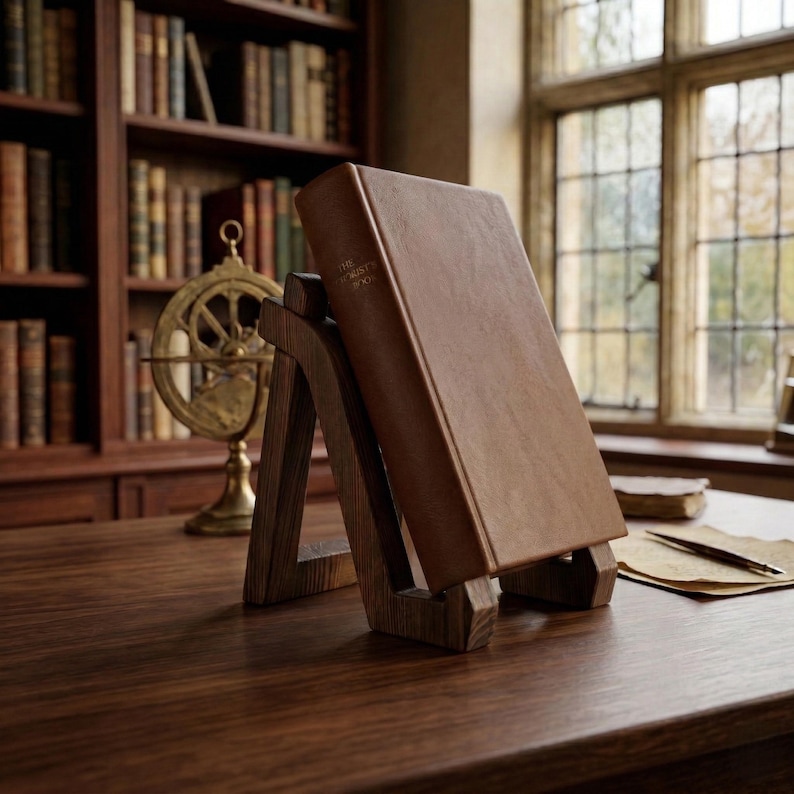 Puede incluir: Un libro marr&oacute;n encuadernado en cuero, titulado "The Hobbit's Book", se exhibe en un atril de madera. El atril est&aacute; inclinado, con un acabado de madera oscura. La escena est&aacute; ambientada en una biblioteca con un escritorio de madera, estanter&iacute;as y una ventana.