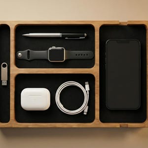 May include: A wooden desk organizer with multiple compartments, holding a pen, smartwatch, smartphone, USB drive, wireless earbuds, and a charging cable. The organizer has a light brown finish with black felt lining.