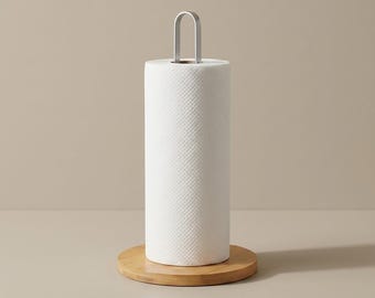 Modern Bamboo Tissue Holder | Minimalist Paper Towel Stand | Kitchen Bathroom Counter Decor