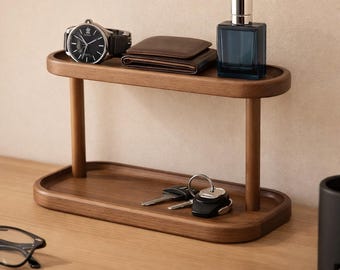 Bandeja organizadora de madera de dos niveles/Soporte minimalista para encimera/Estante de exhibición de madera para tocador de cocina y baño