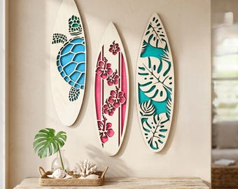 Conjunto de decoración de pared con tabla de surf de madera / Tortuga, hibisco, monstera para la playa