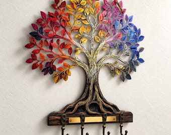 May include: A wall-mounted key holder featuring a carved tree with a gradient of red, orange, yellow, purple, and blue leaves. The base is a dark wood-grain texture with four bronze-colored metal hooks and a central rectangular brass plate.
