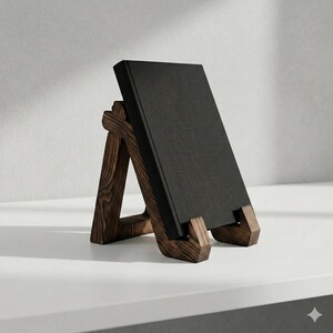 Puede incluir: Un atril de madera marr&oacute;n oscuro que sostiene un libro negro. El soporte tiene un dise&ntilde;o r&uacute;stico y angular con vetas de madera visibles. El libro est&aacute; colocado en &aacute;ngulo, lo que sugiere que es para exhibici&oacute;n o lectura.