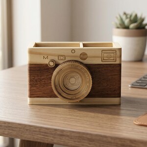 Portalápices de madera para cámara / Organizador de escritorio creativo, decoración de mesa de oficina