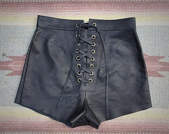 Black Leather Lace-Up Shorts