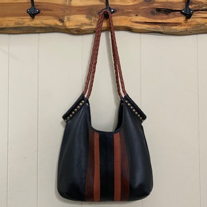 Black Leather Striped Tote Bag image 2