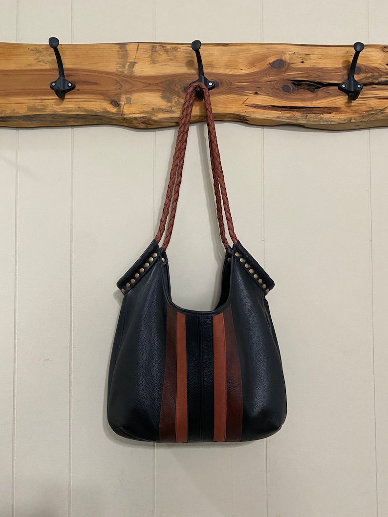 Black Leather Striped Tote Bag image 2