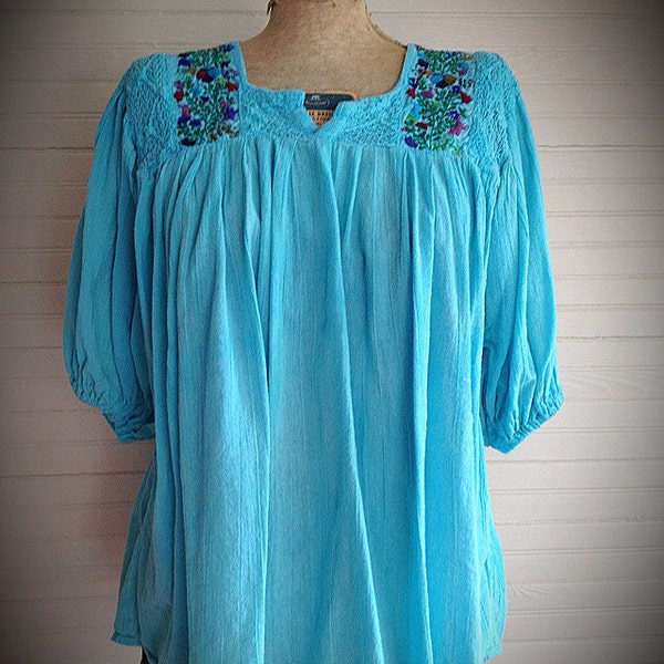 Vintage Turquoise Embroidered Mexican Gauze Blouse