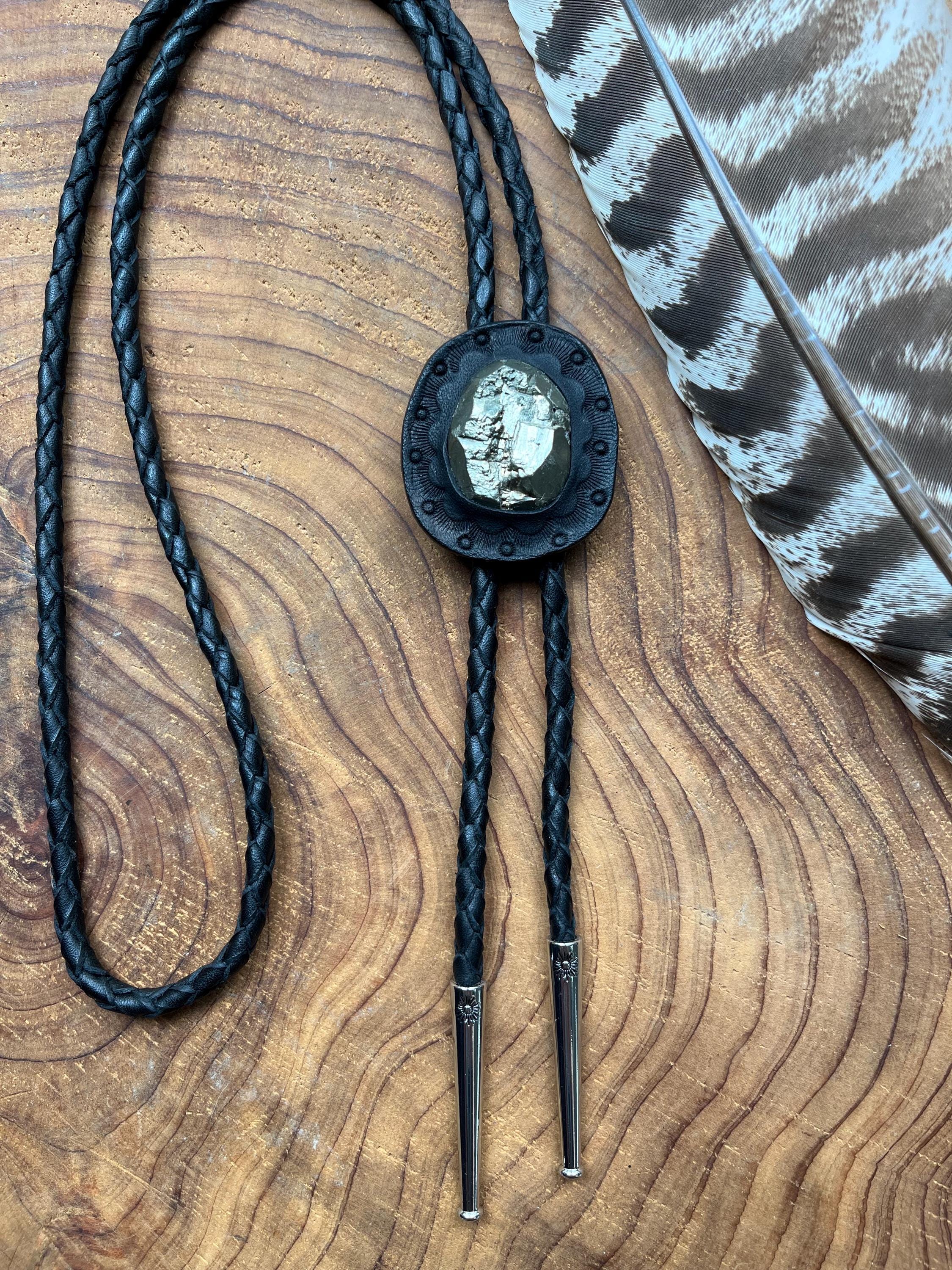Black Leather Genuine Pyrite Fool's Gold Bolo Necklace Necktie