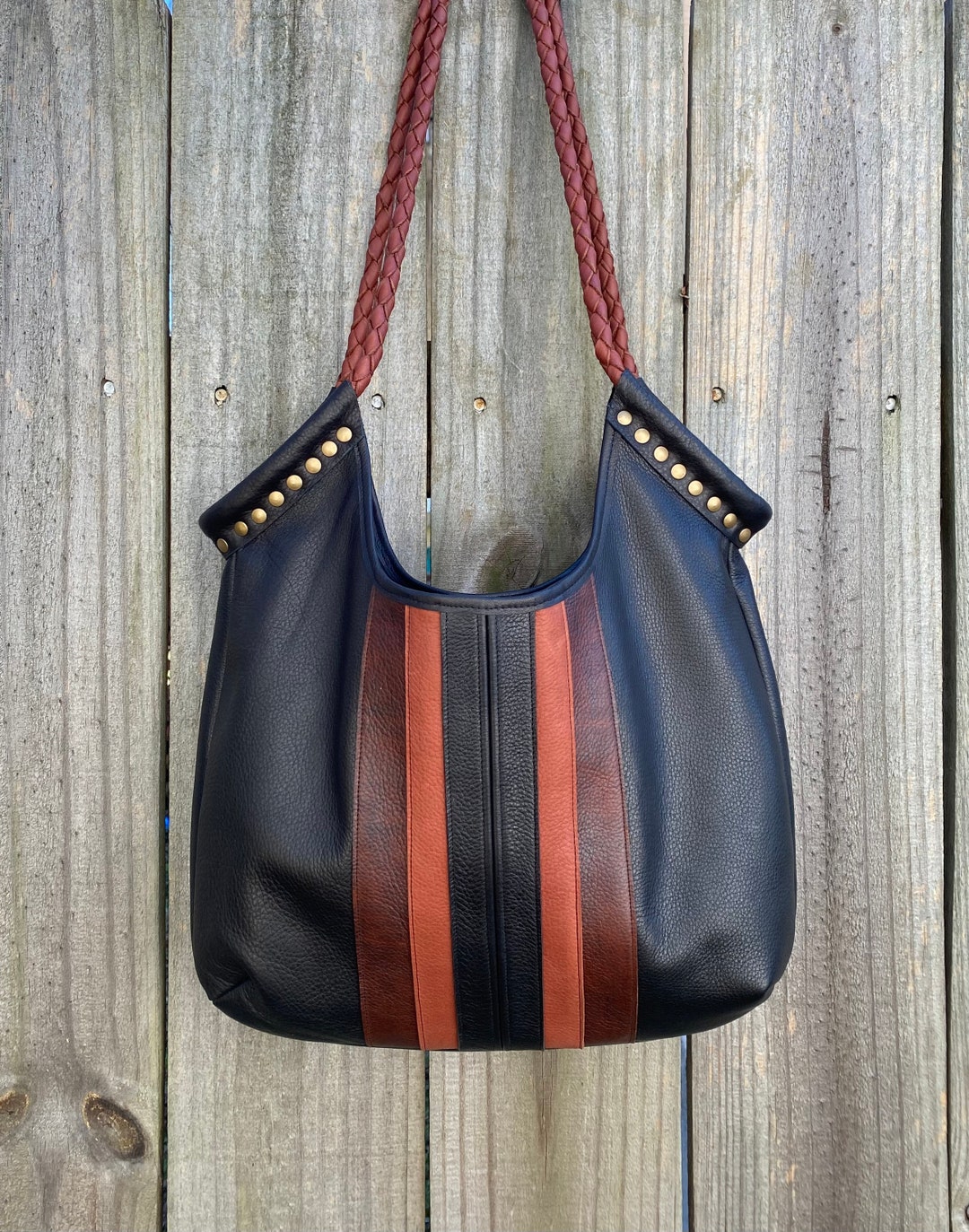 Black Leather Striped Tote Bag Etsy