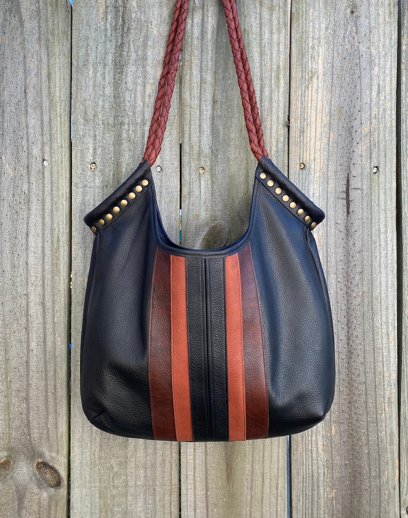 Black Leather Striped Tote Bag image 1
