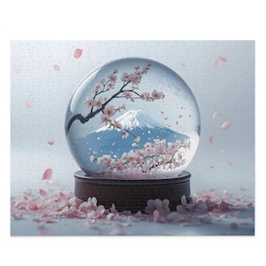 Snow Globe Mount Fuji Puzzle, Serene Spring Sakura Scene in Japan, Soft Pink Landscape Gift for Relaxing Moments and Mindful Time