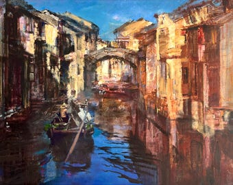 May include: Oil painting of a canal scene with buildings on either side and a bridge in the distance. A boat with people is in the foreground. The painting has a dark brown frame and a light-colored mat.