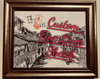 Schizzo personalizzato con pennarello fine tratto da una storia e una foto su vari tipi di carta e in varie forme