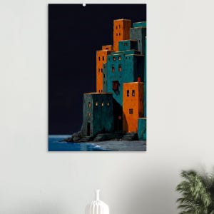 Könnte beinhalten: Ein Kunstdruck, der ein Küstendorf mit türkisfarbenen und orangefarbenen Gebäuden vor einem dunkelblauen Himmel zeigt. Die Gebäude haben rechteckige Formen und kleine Fenster. Das Kunstwerk ist an einer weißen Wand befestigt.