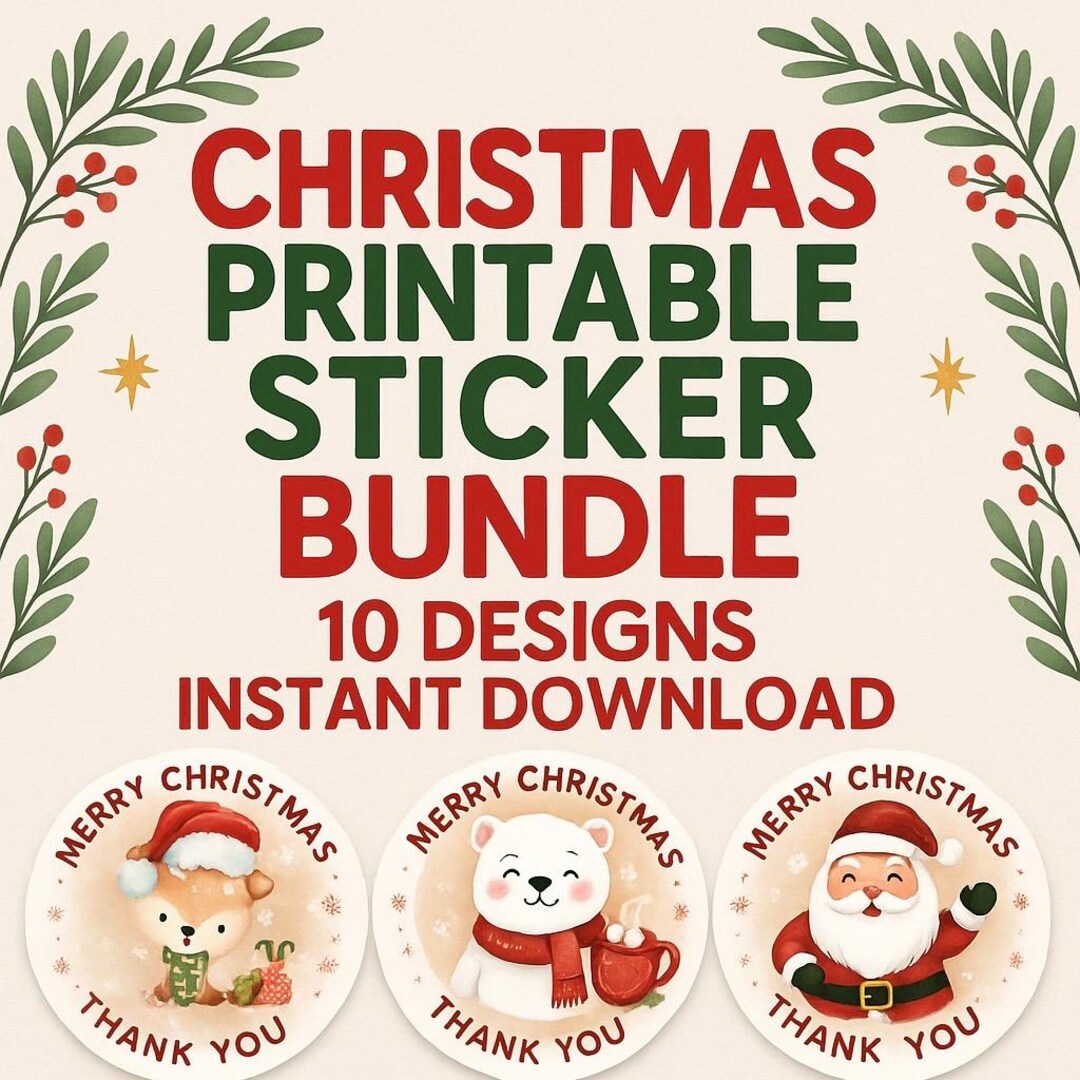 Christmas Printable Sticker Bundle Festive Holiday Stickers, 10 Pack