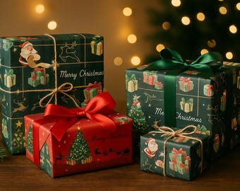 華やかなクリスマスラッピングペーパー：印刷可能なホリデーデザイン2点（デジタルダウンロード）