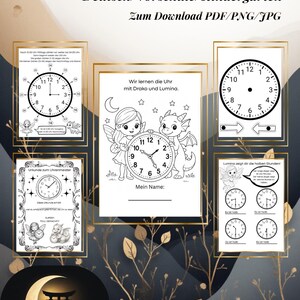 Puede incluir: Imprimible educativo con esferas de reloj y el texto alemán "Uhr lernen mit Drako & Lumina". Incluye ilustraciones de un hada y un dragón, diseñado para el aprendizaje preescolar y de jardín de infancia. Disponible en PDF, PNG y JPG.