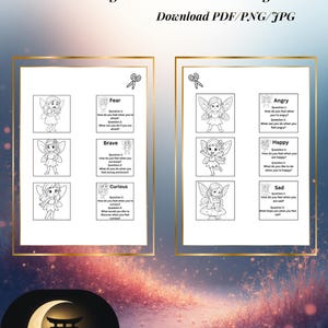 Könnte beinhalten: Zwei ausdruckbare Arbeitsblätter mit Feenillustrationen und Fragen zu Emotionen. Die Arbeitsblätter tragen den Titel "Emotion-Memory with Lumina" und sind für Vorschulkinder und Kindergartenkinder konzipiert. Der untere Teil des Bildes zeigt ein Logo mit dem Text "Sakurina Blossoms of Light."