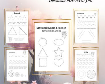 May include: Educational printables for preschool and kindergarten featuring shape tracing and line exercises. The worksheets include shapes like triangles, circles, and stars, with the text "Schwungübungen & Formen lernen mit Lumina".