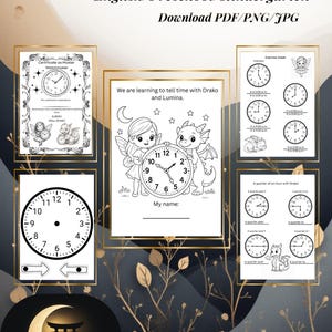 Könnte beinhalten: Lehrreiches, druckbares Arbeitsblatt mit Uhrenthema für Vorschule und Kindergarten. Das Bild enthält Zifferblätter, Übungen und den Text "Learning the Clock with Drako & Lumina". Das Design beinhaltet Illustrationen einer Fee und eines Drachen.