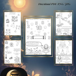 Könnte beinhalten: Lehrreiche Arbeitsblätter für Vorschule und Kindergarten mit den Zahlen 1-10. Die Arbeitsblätter enthalten Illustrationen von Feen, Burgen und anderen lustigen Bildern. Der Text lautet "Lumina's Number Adventures - Learning Fun from 1 to 10."