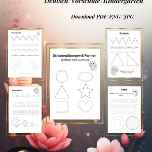 May include: Educational printable worksheets for preschool and kindergarten featuring shape and line tracing exercises. The worksheets include shapes like circles, triangles, and stars, with the text "Schwungübungen & Formen mit Drako" and "Download PDF/PNG/JPG".