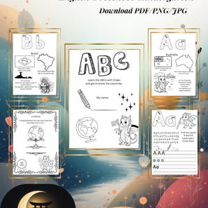 Könnte beinhalten: Lehrreiches Arbeitsblatt für Vorschulkinder und Kindergartenkinder mit dem ABC und Ländern. Enthält Illustrationen von Brasilien und Australien, ein Zertifikat und eine Drachenfigur. Der Text lautet "ABC-Countries with Drako".