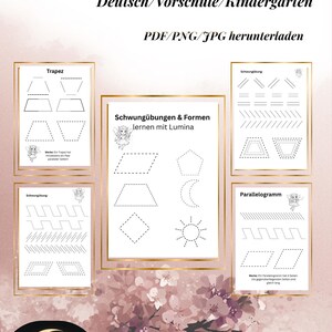 May include: Educational printable with handwriting practice and geometric shapes. The design includes the text "Schwungübungen & Formen mit Lumina" and "Deutsch/Vorschule/Kindergarten". The image has a floral background and a logo.