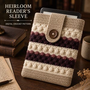 Può includere: Una custodia all'uncinetto per lettore e-book con strisce orizzontali beige, crema e bordeaux scuro e un motivo a punto nocciolina testurizzato. La custodia presenta una patta di chiusura con un bottone marrone. Testo: HEIRLOOM READER'S SLEEVE DIGITAL CROCHET PATTERN.