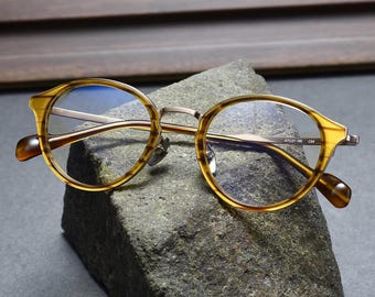Retro ronde titanium bril, geel tortoise optisch montuur, lichtgewicht vintage bril, uniseks