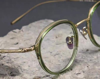 Vintage ronde titanium bril, olijfgroen retro optisch montuur, lichtgewicht Japanse bril