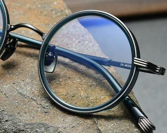 ヴィンテージ風ラウンドチタン製眼鏡、レイクブルーのアセテート製オプティカルフレーム、レトロなユニセックス度付き眼鏡