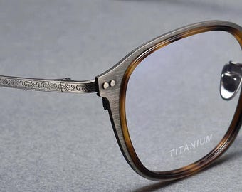 Afgeronde rechthoekige titanium bril, vintage Japans optisch montuur, lichtgewicht bril met volledige rand, groenblauw montuur