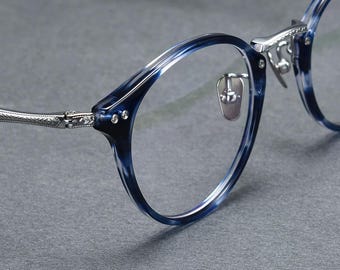 Ronde panto titanium brilmonturen, blauwe tortoise vintage titanium brillen, lichtgewicht retro optisch montuur voor glazen op sterkte