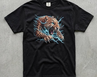 Leopard Graphic T-Shirt, Blue Lightning, 90s Airbrush Style Tee, Comfort Colors Unisex