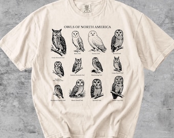 Owls of North America Graphic Tee, Vintage Natural History, Field Study, Comfort Colors Shirt