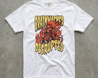 Flaming Skeleton Graphic Tee, Brainwashed Disrupted Dark, Comfort Colors Unisex Shirt