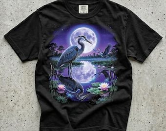 Blue Heron Graphic T-Shirt, 90s Airbrush Moonlit Marsh Scene, Comfort Colors Unisex Black Tee