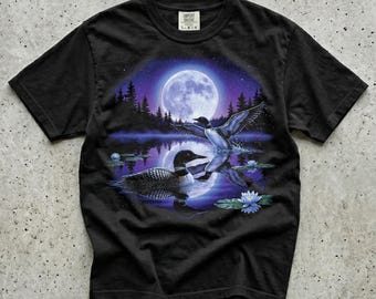 Loon Retro Black T-Shirt: 90s Airbrush Moonlit Lake Wildlife Graphic, Comfort Colors Unisex Tee