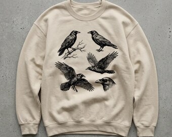 Black Raven Sweatshirt, Bird Multi-Pose Vintage Illustration Graphic, Gildan Unisex Crewneck