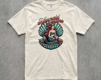 Mermaid Dreams Graphic Tee, Vintage Mermaid Shell, Retro Ocean Illustration, Comfort Colors Unisex T-Shirt