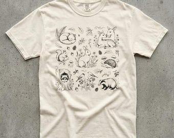 Woodland Animals T-Shirt, Vintage Forest Wildlife Illustration Graphic, Comfort Colors Unisex Tee