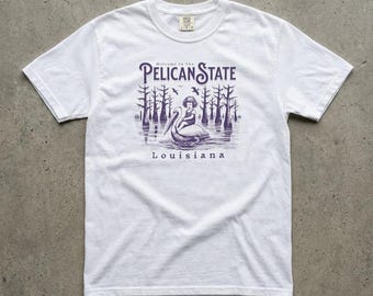 Louisiana Graphic Tee, Pelican State Whimsical, Girl Riding Pelican, Cypress Bayou Scene, Comfort Colors