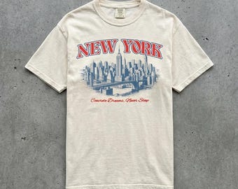 New York Graphic Tee, Concrete Dreams Never Sleep, Skyline Illustration Print, Comfort Colors T-Shirt