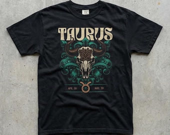 Taurus Zodiac Graphic Tee, Gothic Bull Skull Illustration, Dark Astrology Shirt, Comfort Colors Unisex T-Shirt