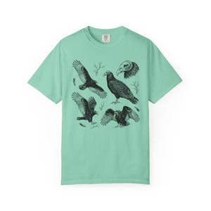 Island reef green Comfort Colors t-shirt with a vintage engraved illustration of five vultures including one soaring with wings outstretched, one standing with wings half-spread, a close-up portrait showing bare head and hooked beak, one landing with wings fanned, and one spreading wings low in a dominance display, surrounded by bare winter branches and scattered feathers in an antique wildlife field guide etching style.