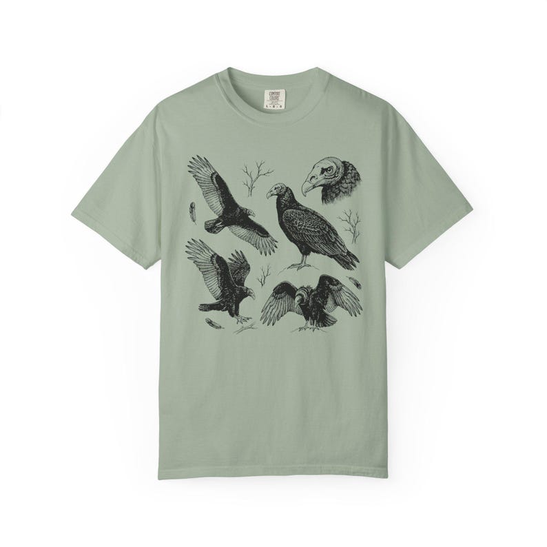 Bay green Comfort Colors t-shirt with a vintage engraved illustration of five vultures including one soaring with wings outstretched, one standing with wings half-spread, a close-up portrait showing bare head and hooked beak, one landing with wings fanned, and one spreading wings low in a dominance display, surrounded by bare winter branches and scattered feathers in an antique wildlife field guide etching style.