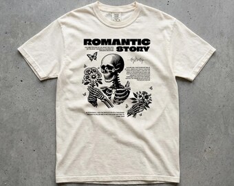 Romantic Story Graphic Tee, Skeleton Bouquet Butterfly Poetry Design, Dark Academia BookTok Aesthetic, Comfort Colors Unisex Shirt